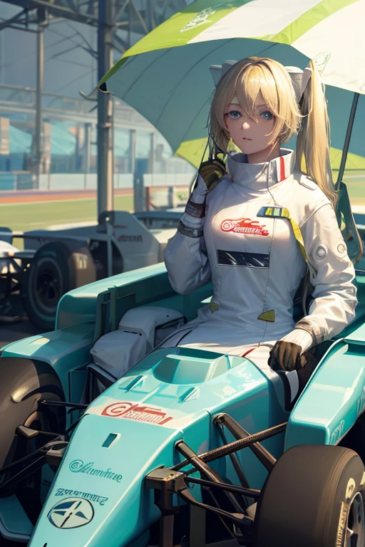 A blonde haired woman F-1 racer with teal eyes is sitting on her F-1 car.