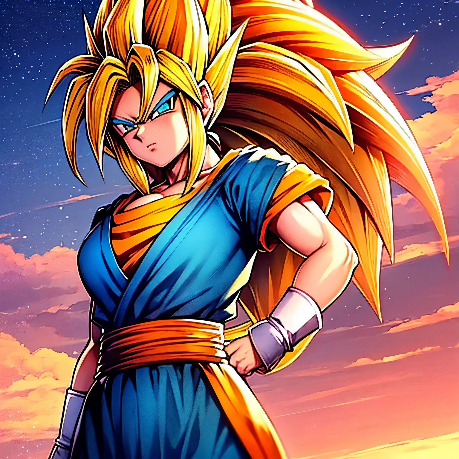 High resolution, high quality, Maste Piece, upper body, Super Saiyan, golden hair, beautiful green eyes, Vegito Solo, a beautiful woman, Potara, blue and orange gi,