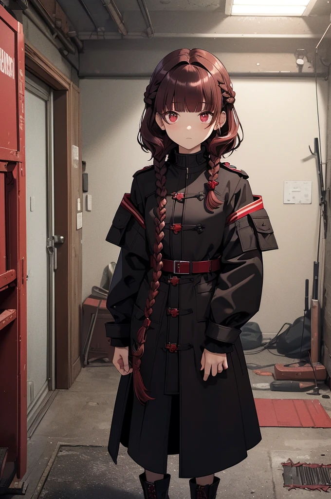 dark red hair, full body Esbian, fluffy hair, Layered Bob, turn around and look here, ((Braided shorthair)), ((Braiding bangs)), (a short bob), ((Black long coat)), Ruins, inside in room, Slightly red tide, Rin々Facial expressions, ((Perspective from above)), ((Black military uniform)),  Brown boots, Fishing eyes