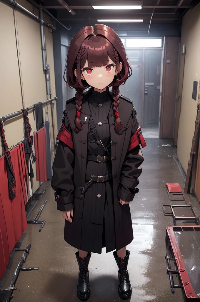 dark red hair, full body Esbian, fluffy hair, Layered Bob, turn around and look here, ((Braided shorthair)), ((Braiding bangs)), (a short bob), ((Black long coat)), Ruins, inside in room, Slightly red tide, Rin々Facial expressions, ((Perspective from above)), ((Black military uniform)),  Brown boots, Fishing eyes