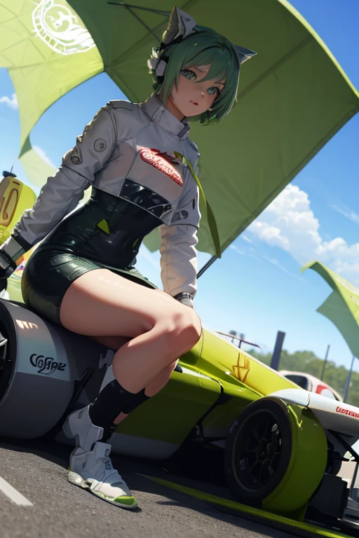 A green haired woman F-1 racer with green eyes and short hair is sitting on her F-1 car.
