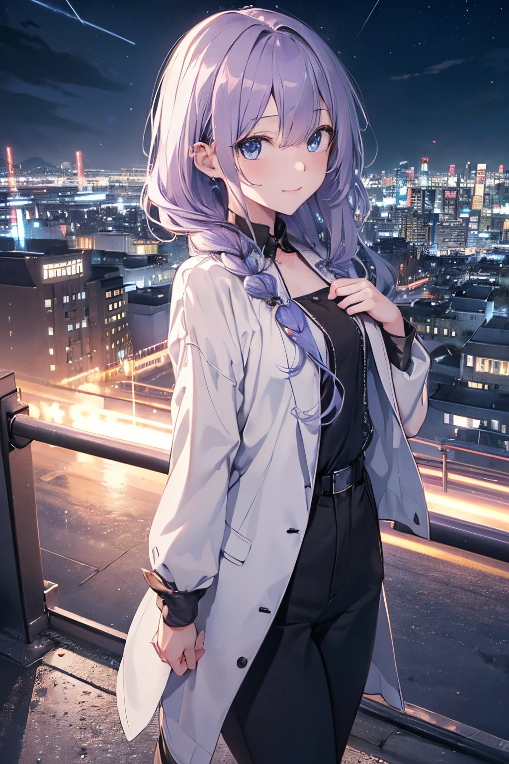 (Girl with a nasty appearance:1.3)、(Night time:1.5)、(and chest:1.4)、Raw photography, top-quality, hight resolution, (masterpiece), (Photorealsitic:1.4), (Mole under the eyes),Anime Cosplay, foco nítido, nffsw, 8K分辨率, intricate detailes, depth of fields, the Extremely Detailed CG Unity 8K Wallpapers, front lit, femele,25-years old、 Happy face,Smiling、Bangs covering one eye、(tying hair:1.5)、(Medium Showtrain Bo Hair)、(Casual Suit)、blue eyess,(Downtown at night:1.5)、(Walk:1.3)、(Full body depiction)、cell phone、(from back view:1.2)、shining world、illuminations、midwinter