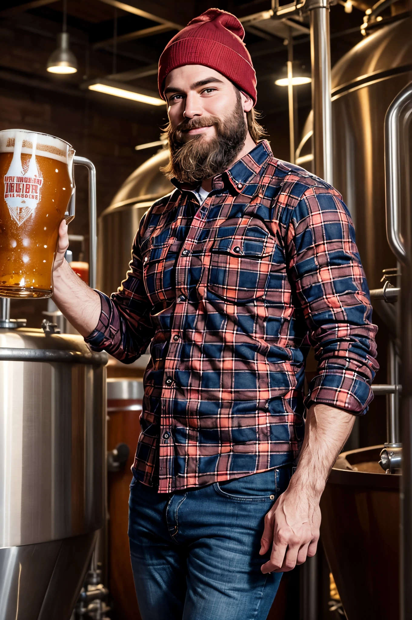 best quality, masterpiece, highres, tall lumberjack looking brunette male with a long bushy brown beard smiling wearing a red beanie, a buttoned red & black plaid button up shirt and blue jeans holding a beer in a pint glass in one hand and a mash paddle in the other with large brewery equipment in the background