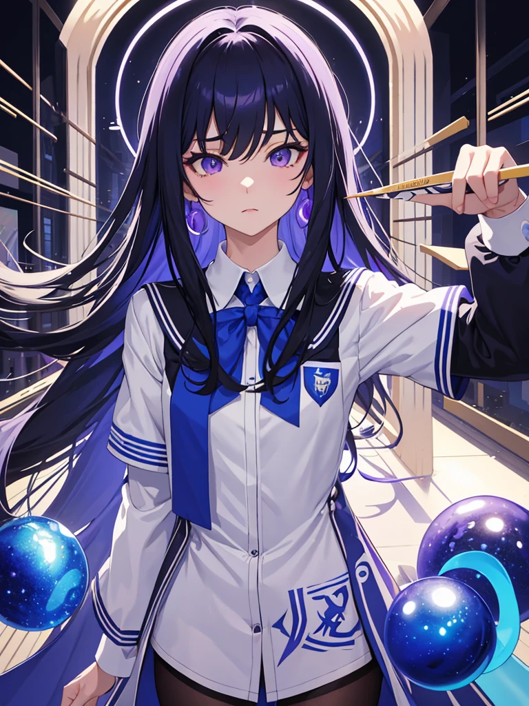 tmasterpiece, Best quality at best,, Magic Class, , Blue oblique bangs long hair, Purple eye，female pervert, Wearing a college uniform，Arrogant temperament，high qulity, Beautiful graphics, high detal