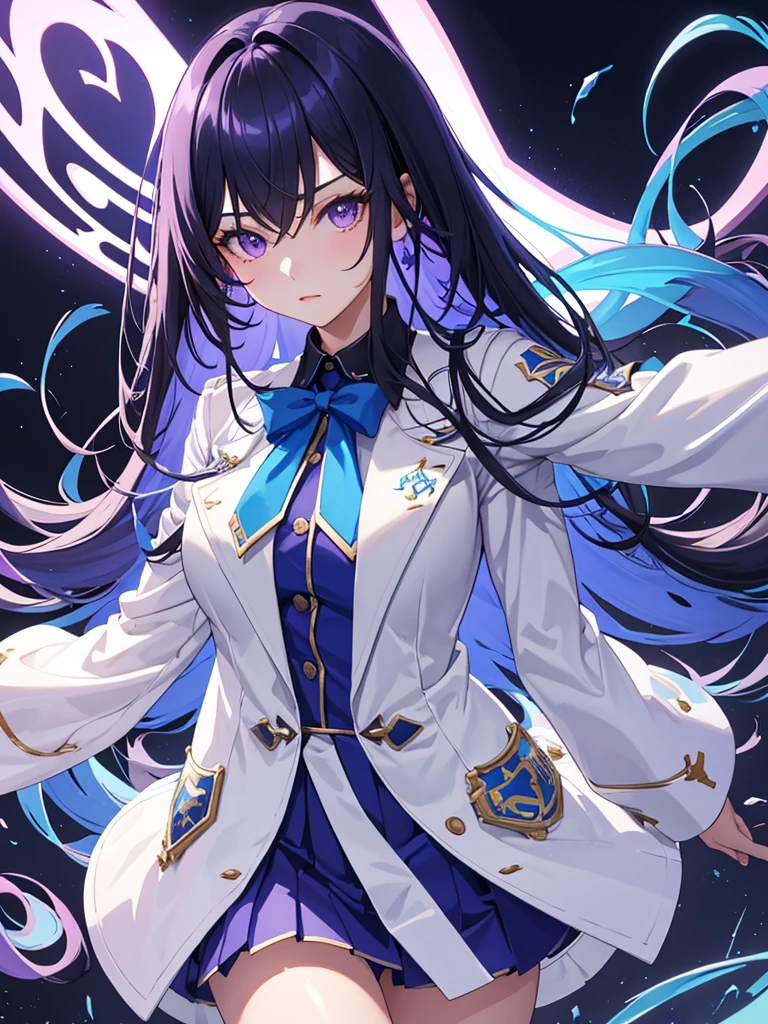 tmasterpiece, Best quality at best,, Magic Class, , Blue oblique bangs long hair, Purple eye，female pervert, Wearing a college uniform，Arrogant temperament，high qulity, Beautiful graphics, high detal