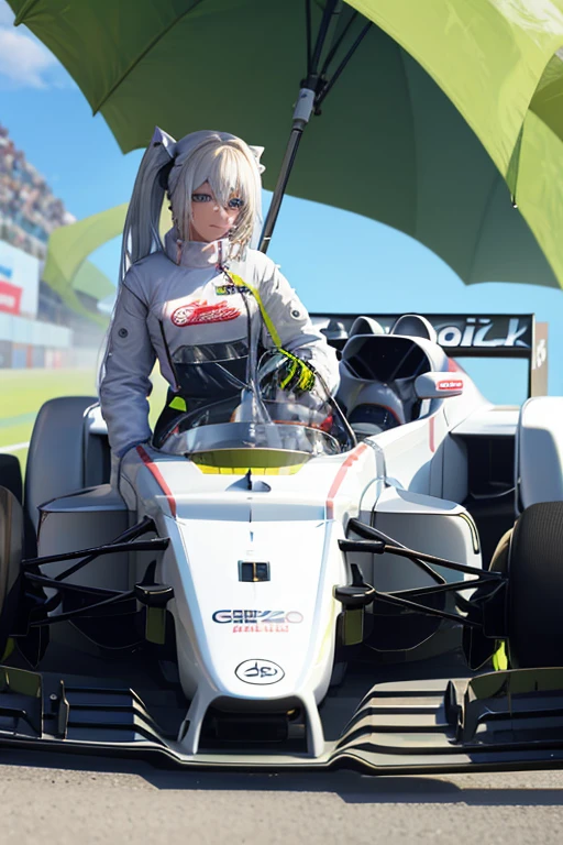 A white haired woman F-1 racer with blue eyes is sitting on her F-1 car.
