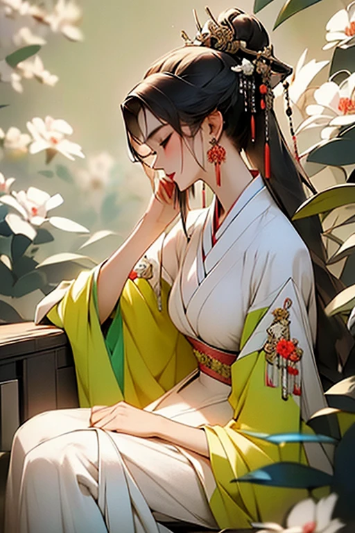 painting of a woman wearing beautiful song dynasty hanfu dress, she looks at the watcher
