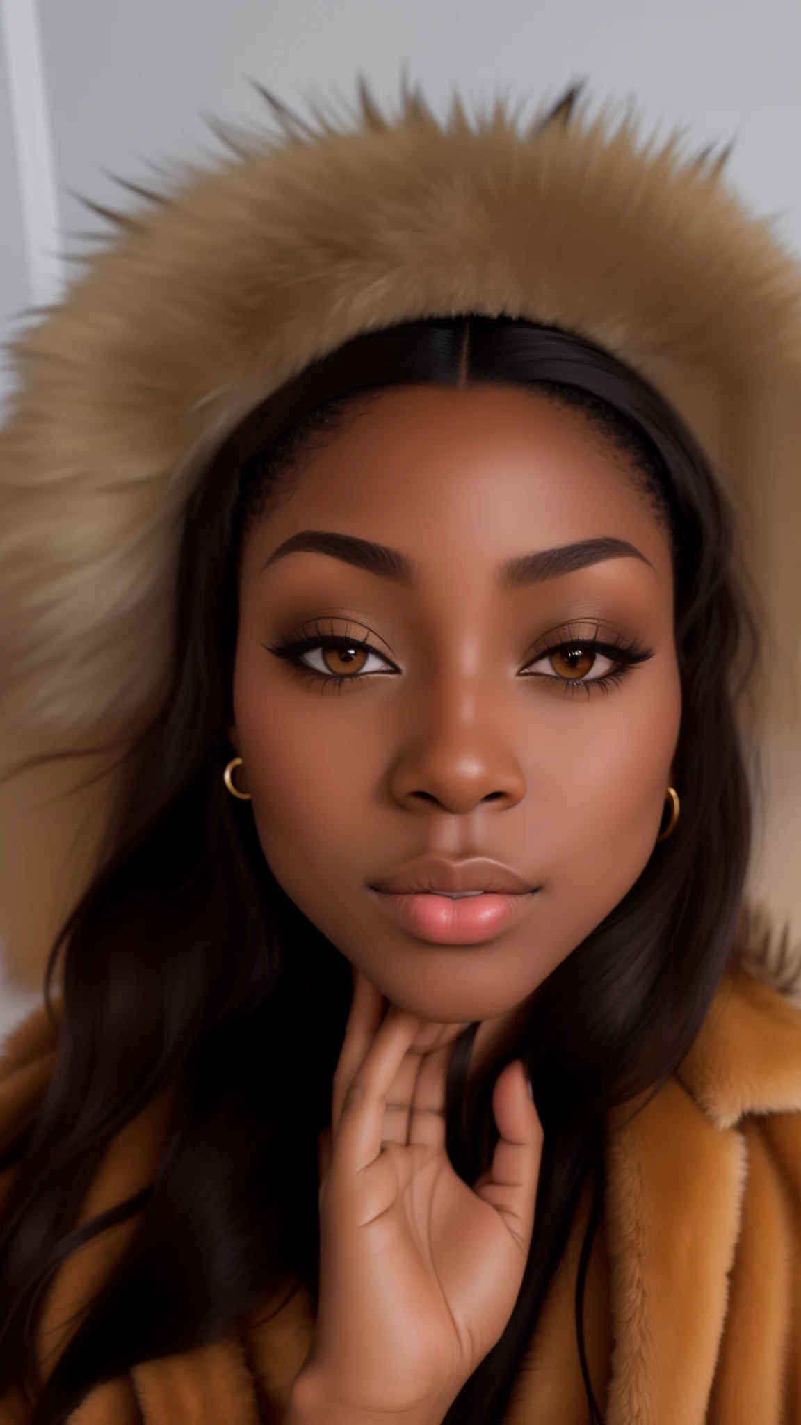 there is a woman wearing a fur coat and a gold jacket, with brown skin, detailed flawless face, 1 / 2 headshot, profile image, headshot profile picture, 1 / 4 headshot, photo of a black woman, full face close up portrait, close up face, brown skin. light makeup, young black woman, profile pic, she has olive brown skin, closeup headshot