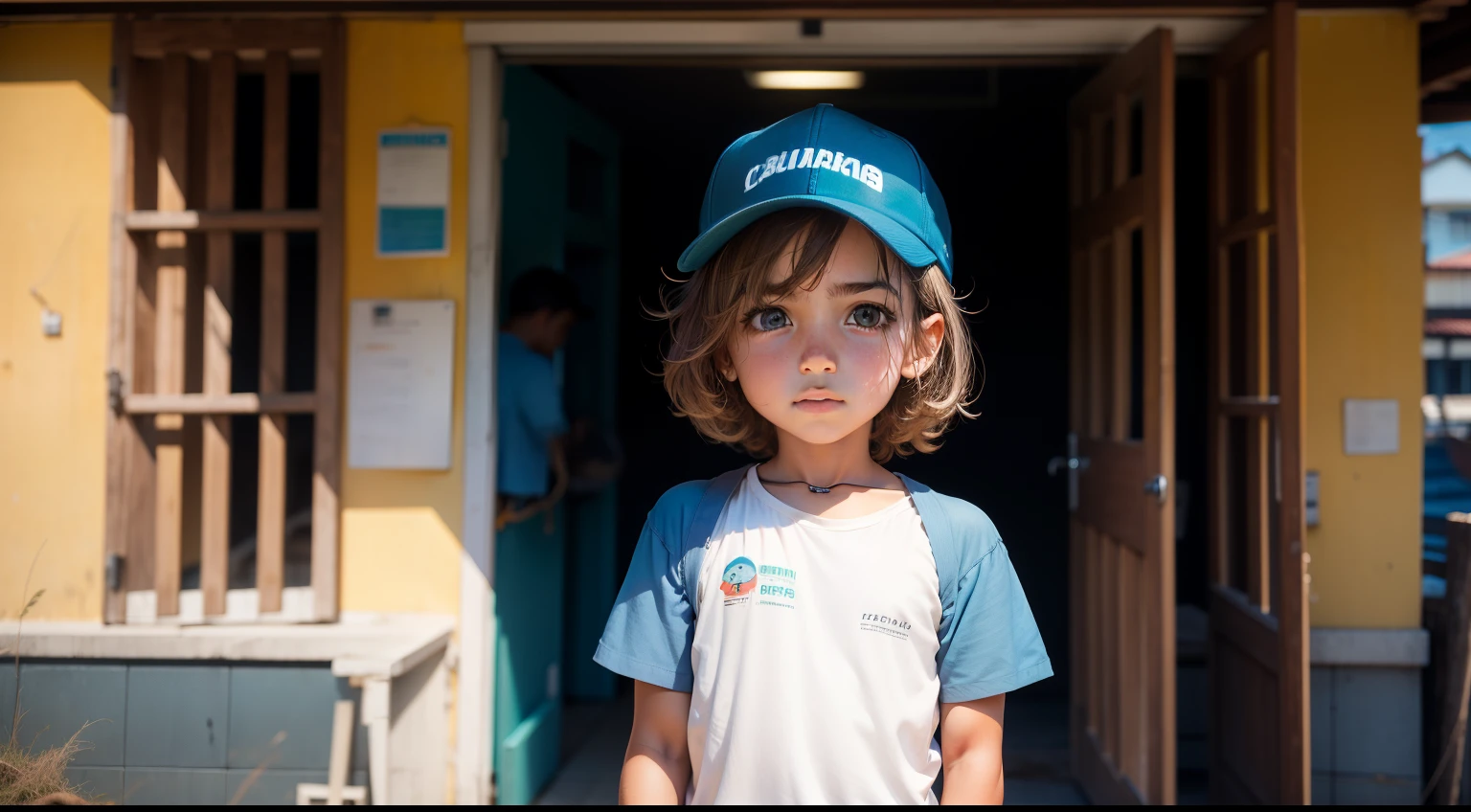 Imagem realista de uma de 6 anos magra e cabelo castanho com roupa escolar escrito na camisa aophie