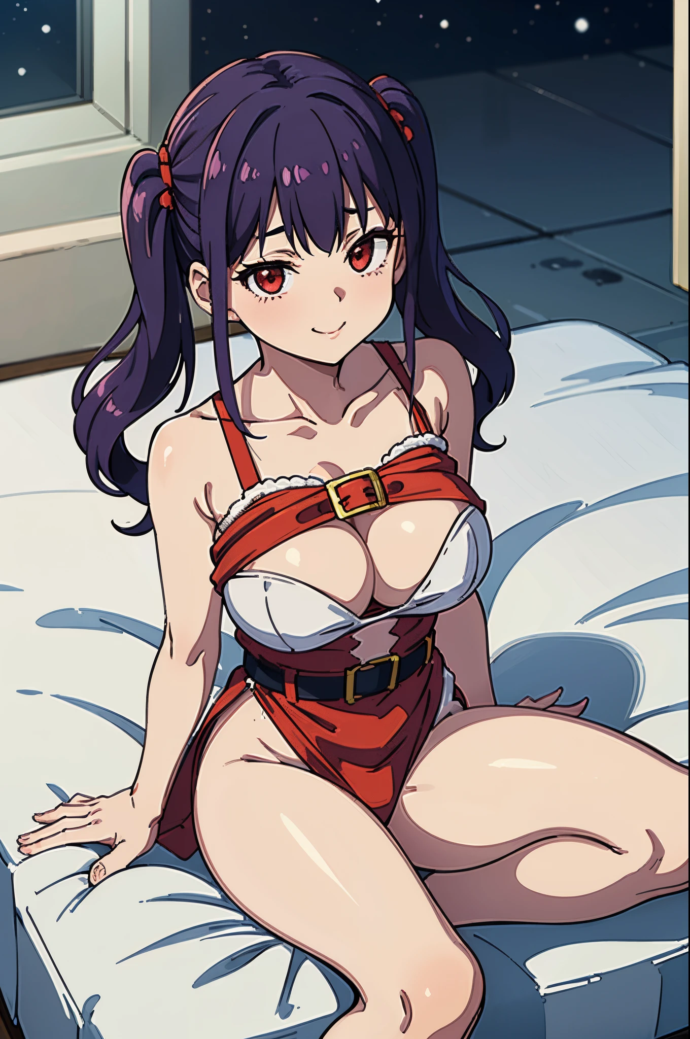 8K、Best Quality、white Christmas、Bedroom with a view of the night sky、独奏、a beauty girl、delicated face、dye one's cheeks red、Naughty smile、Condescending face、Long pigtails、Purple hair、red eyes、Very big:15.20、Chest where clothes are about to tear、big butts:5.5、big breasts thin waist、Beautiful constriction、shinny skin、beauty legs、Santa Bikini、、sit on a bed、Open your crotch、open one's legs、sole of feet、opening legs、