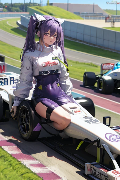 A violet haired woman F-1 racer with violet eyes and violet wolf ears is sitting on her F-1 car.