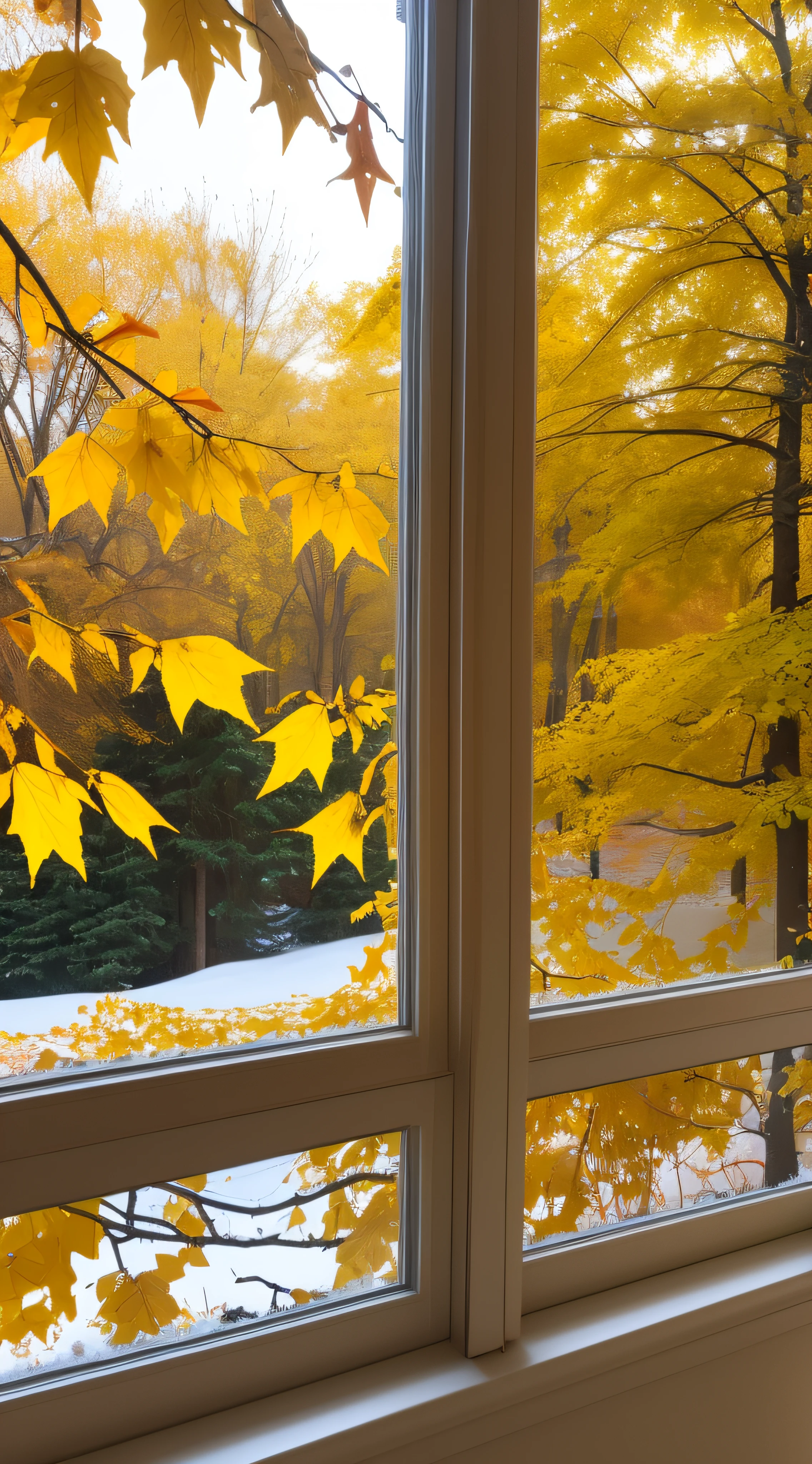 Snow sweeps away yellow leaves outside the window,yellow leaves on the snow,outside the beautiful window there is a beautiful park with yellow leaves ,many leaves in a snowy park,High Quality 8K