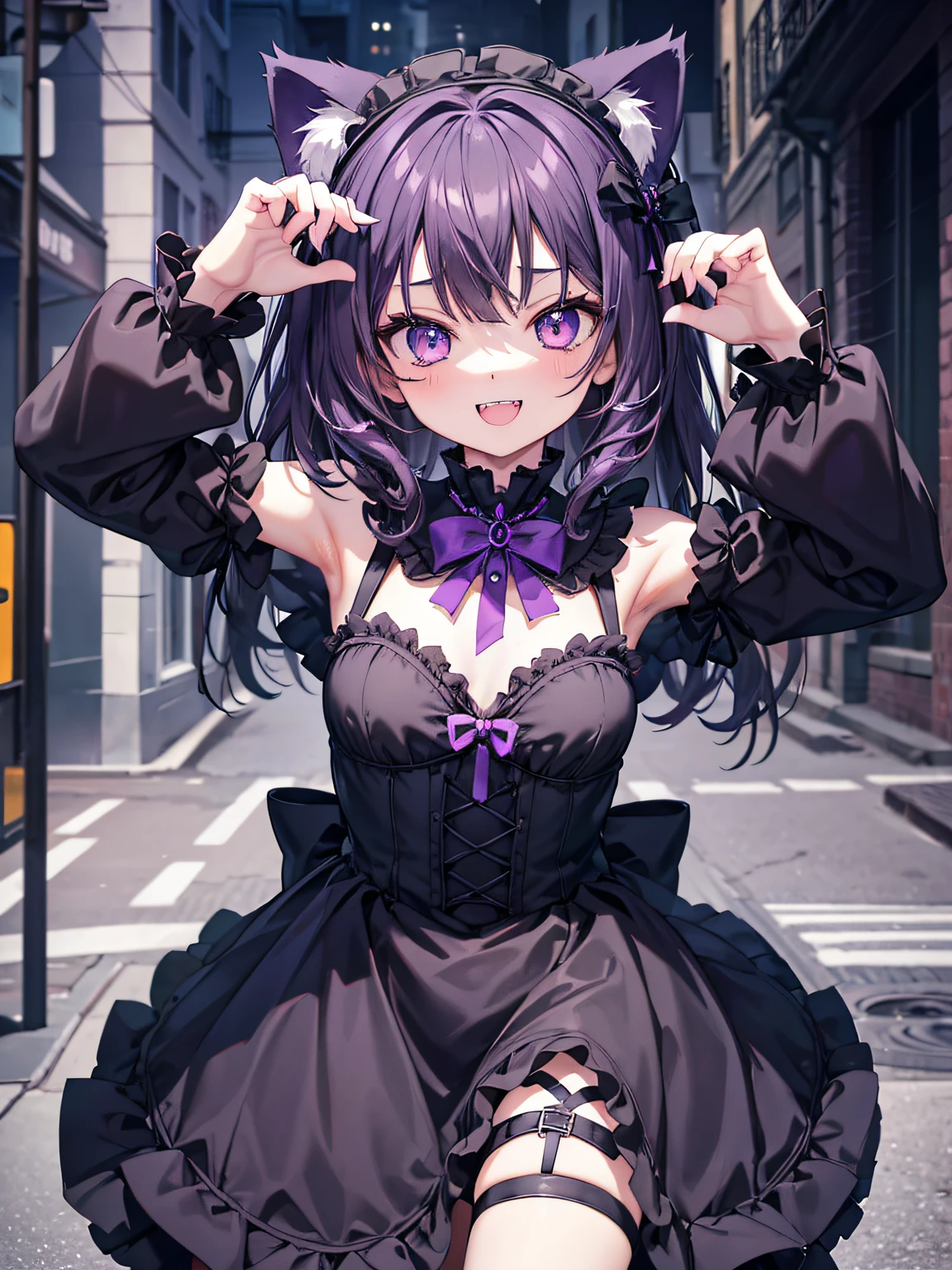 Gothic lolita face and body facing the camera {{{{{Showing armpits}}}}}　Dark purple straight hair１０Young Girl　{{{In the street}}}　Thin eye　Open mouth　Goth loli clothes　small tits　Cat's ears　heart mark smile　独奏 　Yaetogi in a sexy pose