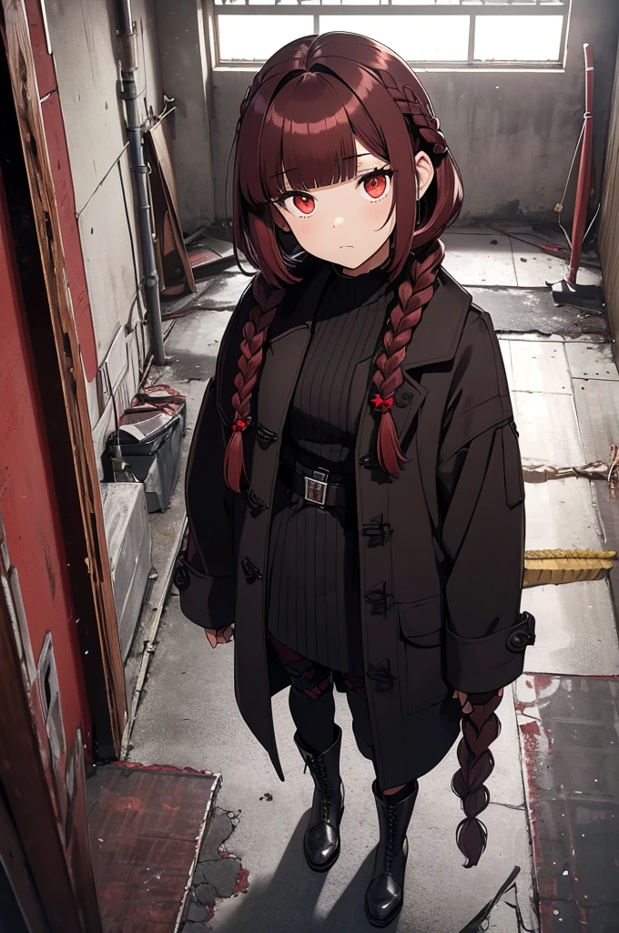 dark red hair, full body Esbian, fluffy hair, Layered Bob, (Turn around and look here), ((Braided shorthair)), ((Braiding bangs)), (a short bob), ((Black long coat)), Ruins, inside in room, Slightly red tide, Rin々Facial expressions, ((Perspective from above)), ((Black military uniform)),  Brown boots, Fishing eyes