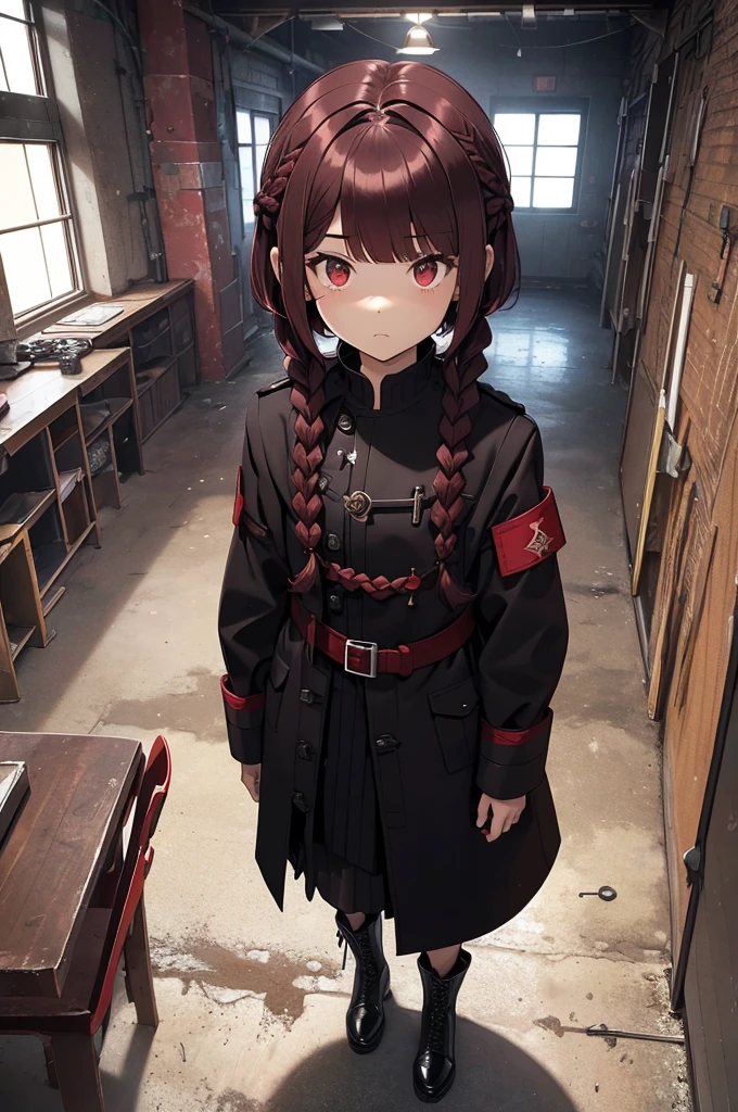 dark red hair, full body Esbian, fluffy hair, Layered Bob, (Turn around and look here), ((Braided shorthair)), ((Braiding bangs)), (a short bob), ((Black long coat)), Ruins, inside in room, Slightly red tide, Rin々Facial expressions, ((Perspective from above)), ((Black military uniform)),  Brown boots, Fishing eyes