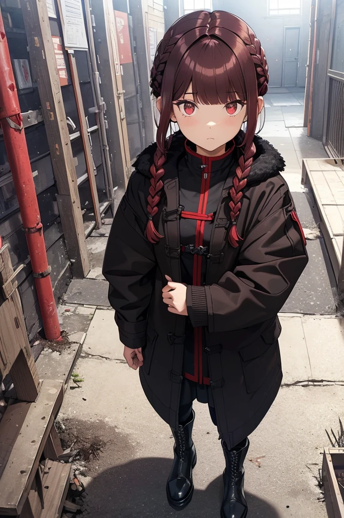 dark red hair, full body Esbian, fluffy hair, Layered Bob, (Turn around and look here), ((Braided shorthair)), ((Braiding bangs)), (a short bob), ((Black long coat)), Ruins, inside in room, Slightly red tide, Rin々Facial expressions, ((Perspective from above)), ((Black military uniform)),  Brown boots, Fishing eyes