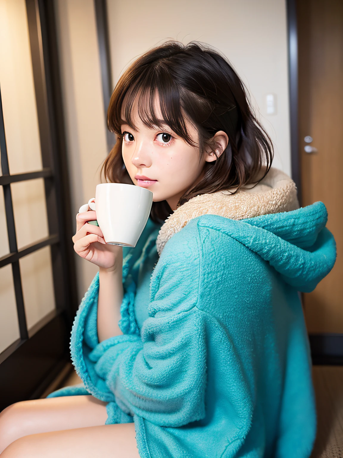 Cute woman wrapped in a fluffy blanket、((25-years old))、japanes、sitting on、1 girl in、Japanese narrow studio apartment、Hold a ceramic coffee cup with both hands、viewer is looking down、a picture、35mmfilmg、Sleepy face、short-hair、waved hair、disheveled hair、Fix、no-makeup、Plump lips、Detailed finger、real looking skin、Spoiled face、I have a few freckles,((Girl sitting)), Detailed legs