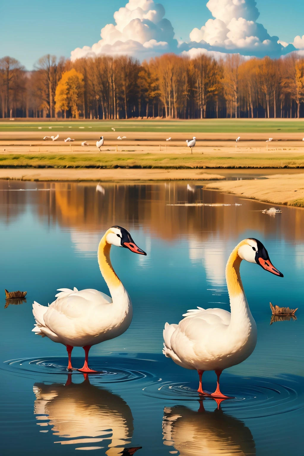 Swan geese are seen on the plain water, the sky is clear and the air is clear