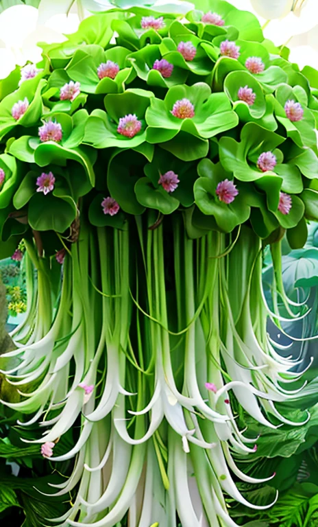 Close-up of plant with white flowers and green leaves, exotic plants, surreal waiizi flowers, Many strange exotic plants, alien flowers, alien flowers, Gorgeous tentacles growing around it, Strange flora, huge flower head, flowers growing out of its head, vegetation tentacles, exotic plants, exotic flora, large exotic flowers, Deadly exotic plants
