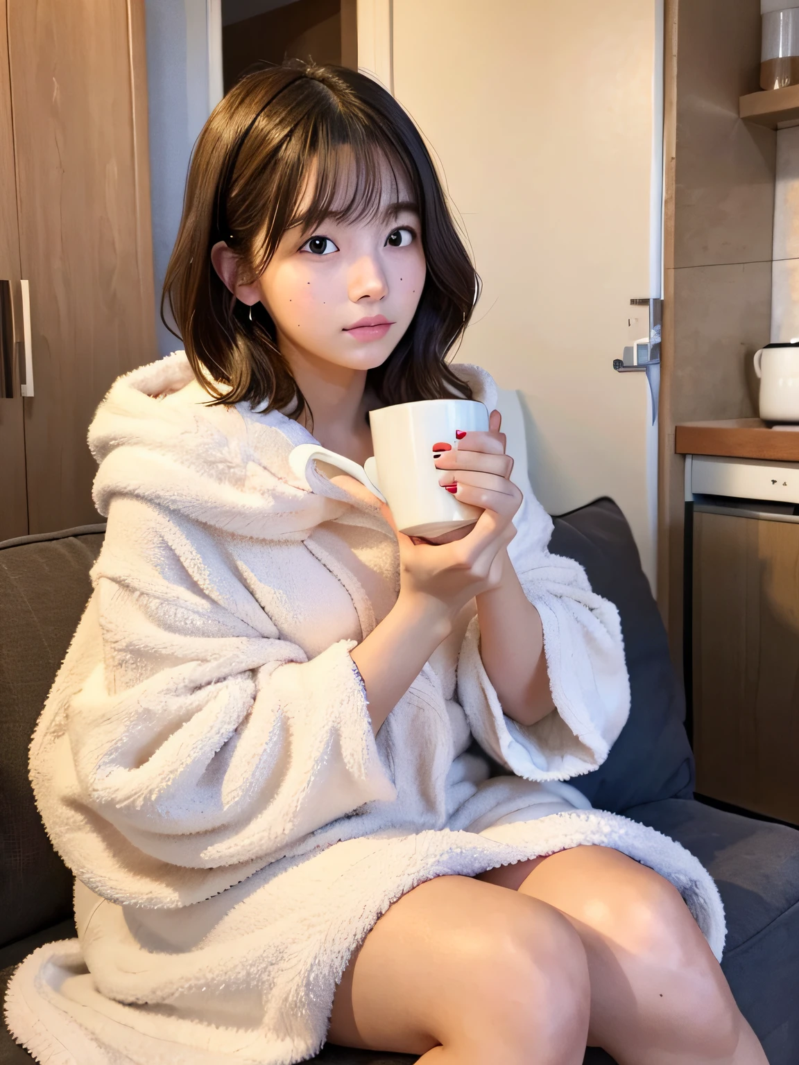 Cute woman wrapped in a fluffy blanket、((25-years old))、japanes、sitting on、1 girl in、Japanese narrow studio apartment、Hold a ceramic coffee cup with both hands、viewer is looking down、a picture、３５ｍｍfilmg、Sleepy face、short-hair、waved hair、disheveled hair、Fix、no-makeup、Plump lips、Detailed finger、real looking skin、Spoiled face、I have a few freckles,((Girl sitting)), Detailed legs