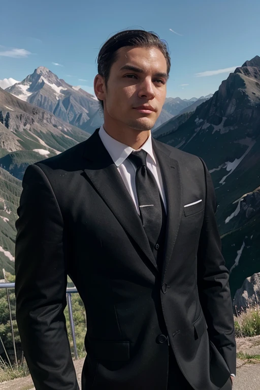 Man in black suit with mountains behind (com um rosto bonito)