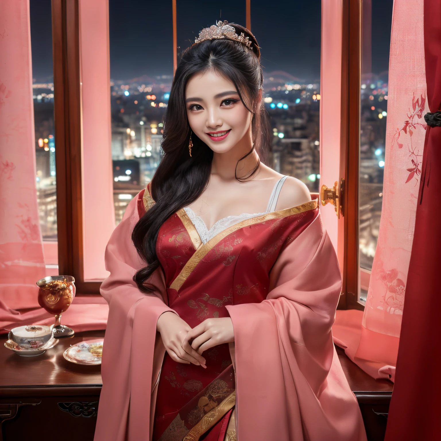 ((top-quality、masutepiece、8K、Top image quality、Highly complex and detailed depictions))、(Upper body of a Chinese princess:1.1)、((chinese hair ornaments、Traditional Chinese Hanfu、Princess wearing red and pink traditional Chinese hanfu、(red and pink room:1.3)、long furisode、Unimaginably luxurious Chinese style princess bedroom、(You can see the night view of the city from the luxurious windows.:1.3)、(Luxury Chinese-style windows with intricate decorations:1.1)、(romantic midnight warm lighting:1.3)、(Dark Midnight:1.5)、(two tone lighting in dark midnight:1.2)、softlighting、spectacular movie lighting、The most luxurious red and pink Chinese style bedroom、(romantic dark night:1.5)、Very complex decoration、(Bed surrounded by huge beautiful pink curtains:1.2)、(View me、Bewitching smile、Perfect makeup、long eyelashes、Red cheeks、eyeshadows、perfect anatomia、Biggest smile)、(accurate anatomy:1.2)