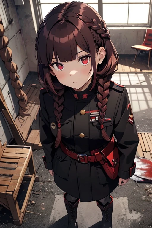 dark red hair, full body Esbian, fluffy hair, Layered Bob, ((Hold your rifle)), ((Braided shorthair)), ((Braiding bangs)), (a short bob), ((Black long coat)), Ruins, inside in room, Slightly red tide, Rin々Facial expressions, ((Perspective from above)), ((Black military uniform)), Brown boots, Fishing eyes