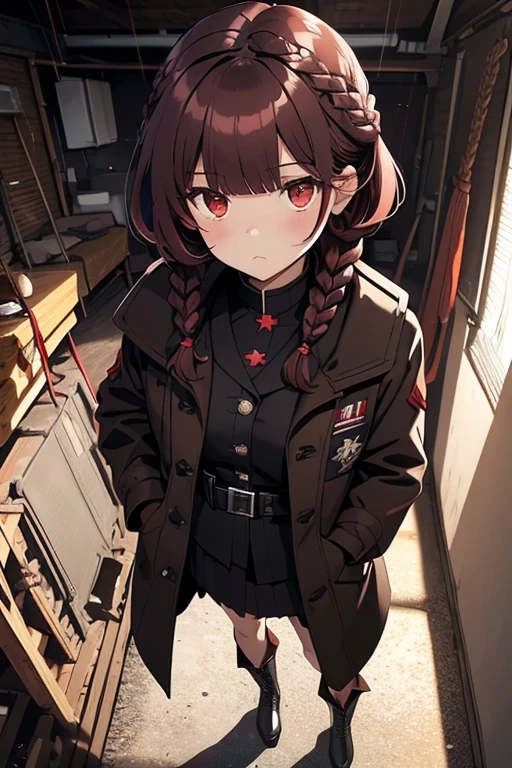 dark red hair, full body Esbian, fluffy hair, Layered Bob, ((Hold your rifle)), ((Braided shorthair)), ((Braiding bangs)), (a short bob), ((Black long coat)), Ruins, inside in room, Slightly red tide, Rin々Facial expressions, ((Perspective from above)), ((Black military uniform)), Brown boots, Fishing eyes