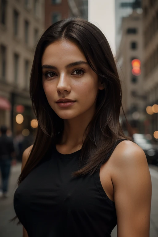 photography of a stunning girl, in the city, wearing a black t shirt, enjoying, girl, summer, hot girl, (((medium bust))), brunette hair, long_hair, looks into the camera, symmetrical face, photorealistic, photography, spectacular lighting,, gorgeous, western, (masterpice), best quality, high resolution, extremely detailed, skin with pores, blurred background, depth of field, cinematic lighting