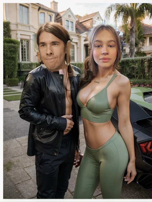 A man stands next to a very beautiful girl, girl in sexy sportswear, Luxury Living, in the background an expensive mansion and a green Lamborghini Huracan
