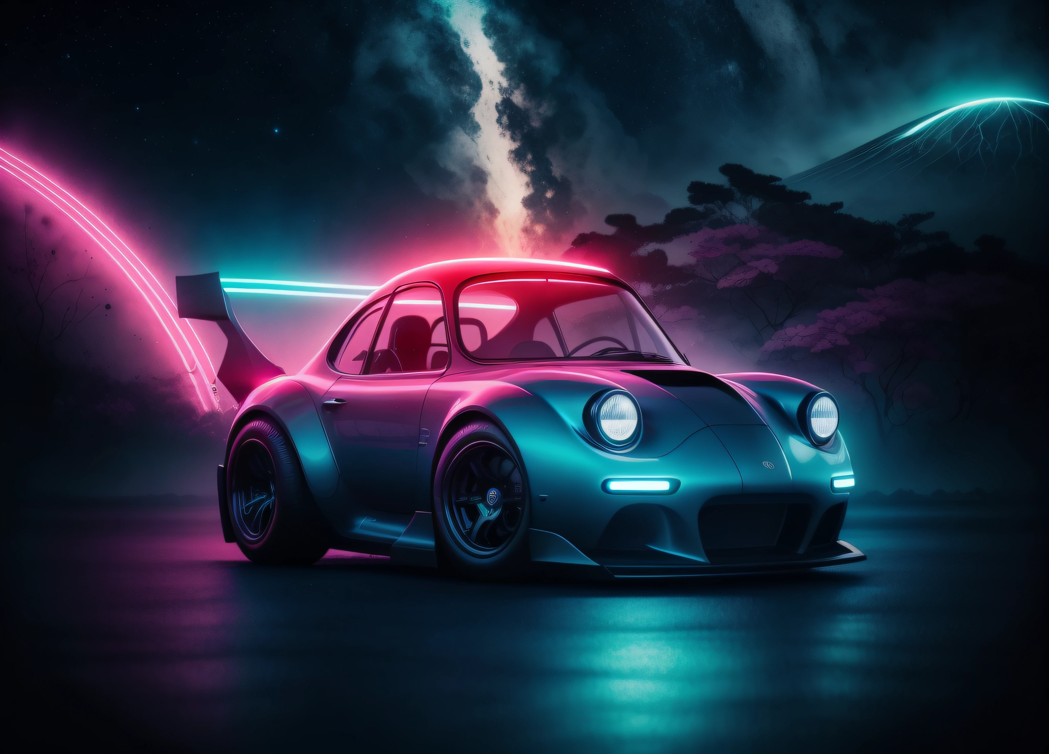 EStilo futurista, luces de neon, Un primer plano de un coche, fondo futuristico de noche, luces de neon, cuerpo ancho, Surrealist illustration, Arte oscuro surrealista, obra maestra, hiperrealista, lluvia, alta definicion