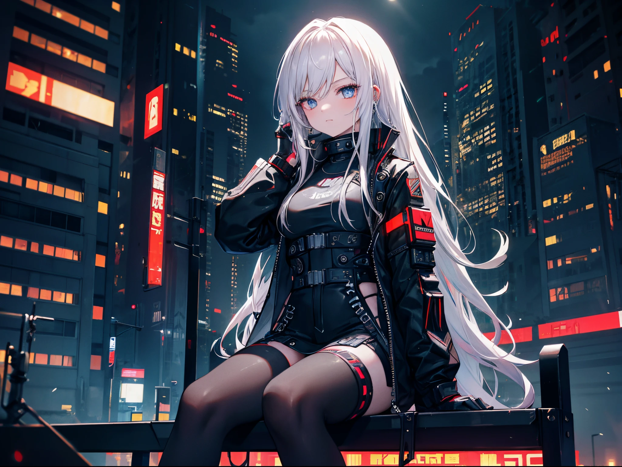 Cyberpunk style, a young girl with white hair, long_hair , sit on black bench, wear golden earring, Powered exoskeleton, in city, at night, masterpiece, best quality