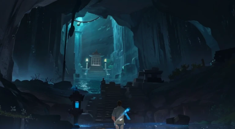 Close-up of a man walking in a dark cave, underwater shrine, mythical shrine, Ruins Explorer at Dusk, Mysterious temple setting, Flooded temple ritual scene, water temple, cave setting, Underground Temple, A scene from the《Brave Breach II》, Temple flooded scene, cutscene clips, Hot springs hidden in caves, shrines, In the middle of the circular ruins
