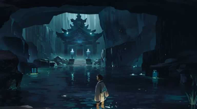 Close-up of a man walking in a dark cave, underwater shrine, mythical shrine, Ruins Explorer at Dusk, Mysterious temple setting, Flooded temple ritual scene, water temple, cave setting, Underground Temple, A scene from the《Brave Breach II》, Temple flooded scene, cutscene clips, Hot springs hidden in caves, shrines, In the middle of the circular ruins