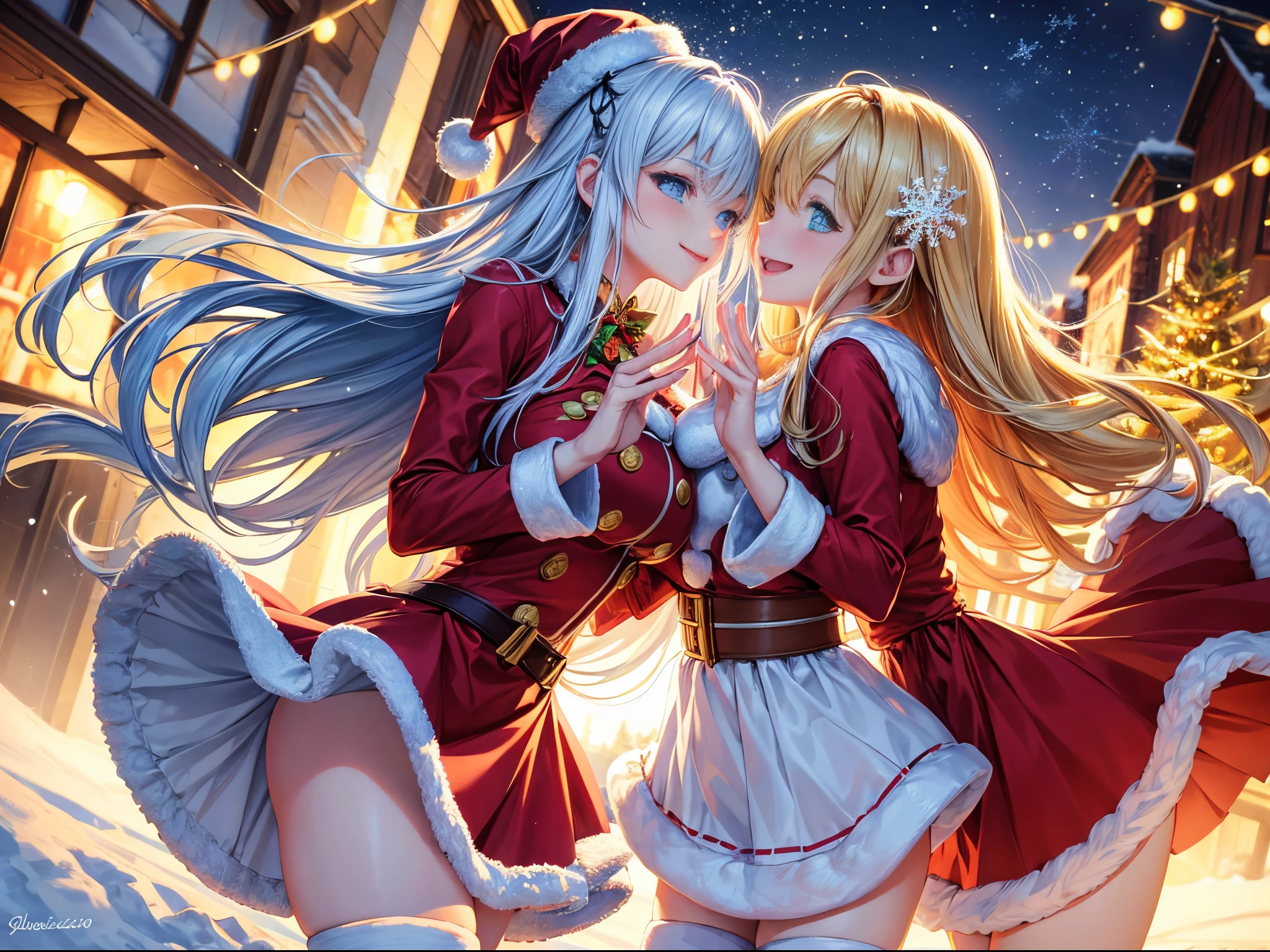 (Best Quality,4K,hight resolution,masutepiece:1.2),Smiling Santa looking at three beautiful sexy girls,revealing tops,very very short skirt,huge-breasted,Seductive eyes,Engaging pose,Vivid colors,Bokeh,Beautifully styled hair,and a mischievous atmosphere,clew,Shimmering decoration,candy cane,snowflakes falling,elegant studio lighting,Detailed facial features and expressions,Playful atmosphere,Winter scene,adorable smiling,Festive mood,Colorful background,Dreamy environment,Fantastic garden covered in snow,faint fog,Twinkling lights,soft snowflakes,kiss under the mistletoe,full of joy and laughter,optimistic expression,Jingle bells ringing in the background,merry christmas spirit,Pleasantly surprised,Making Memories,Bonding and connection,happiness and celebration.