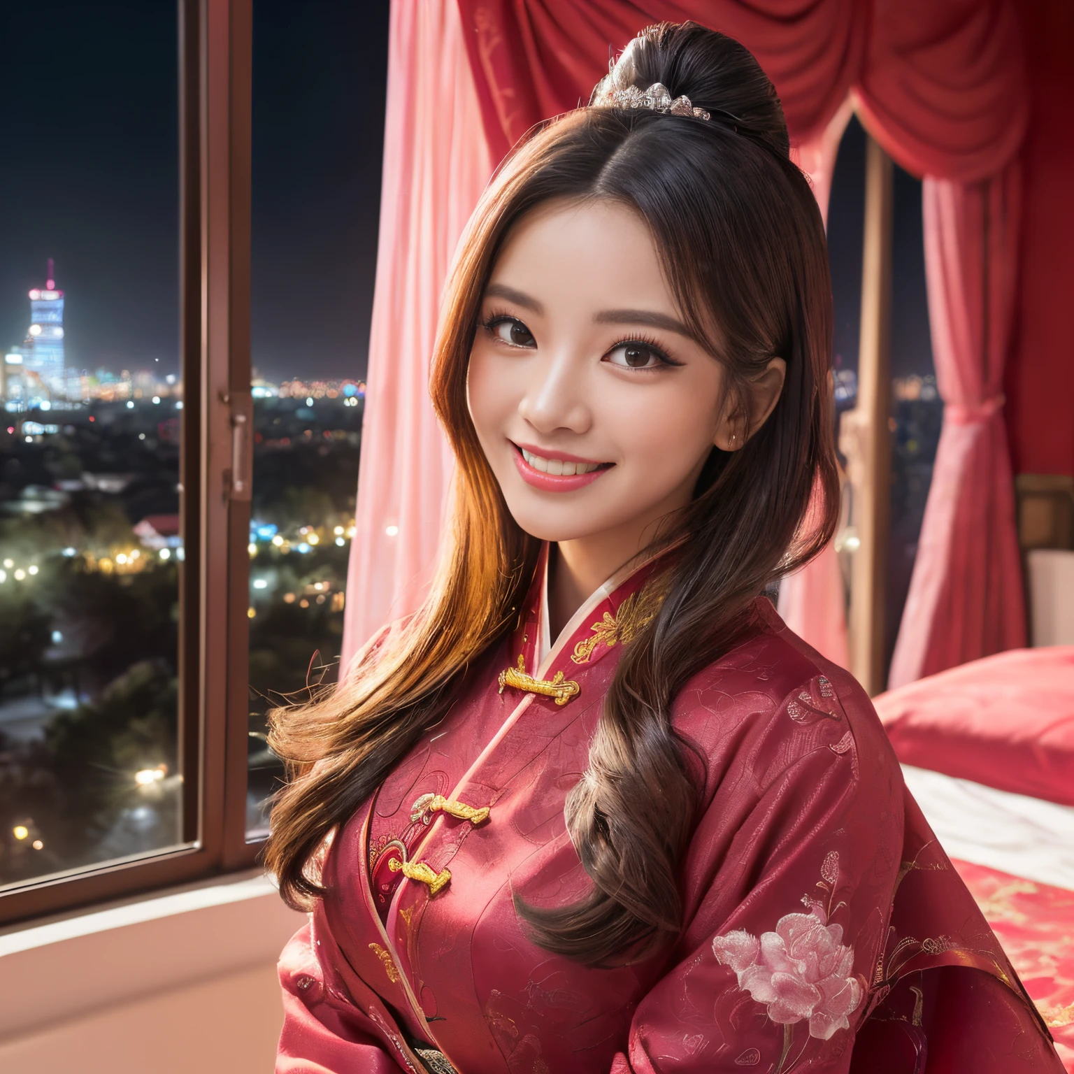 ((top-quality、masutepiece、8K、Top image quality、Highly complex and detailed depictions))、(Upper body of a Chinese princess:1.1)、((chinese hair ornaments、Traditional Chinese Hanfu、Princess wearing red and pink traditional Chinese hanfu、(red and pink room:1.3)、long furisode、Unimaginably luxurious Chinese style princess bedroom、(You can see the night view of the city from the luxurious windows.:1.3)、(Luxury Chinese-style windows with intricate decorations:1.1)、(romantic midnight warm lighting:1.3)、(Dark Midnight:1.5)、(two tone lighting in dark midnight:1.2)、softlighting、spectacular movie lighting、The most luxurious red and pink Chinese style bedroom、(romantic dark night:1.5)、Very complex decoration、(Bed surrounded by huge beautiful pink curtains:1.2)、(View me、Bewitching smile、Perfect makeup、long eyelashes、Red cheeks、eyeshadows、perfect anatomia、Biggest smile)、(accurate anatomy:1.2)