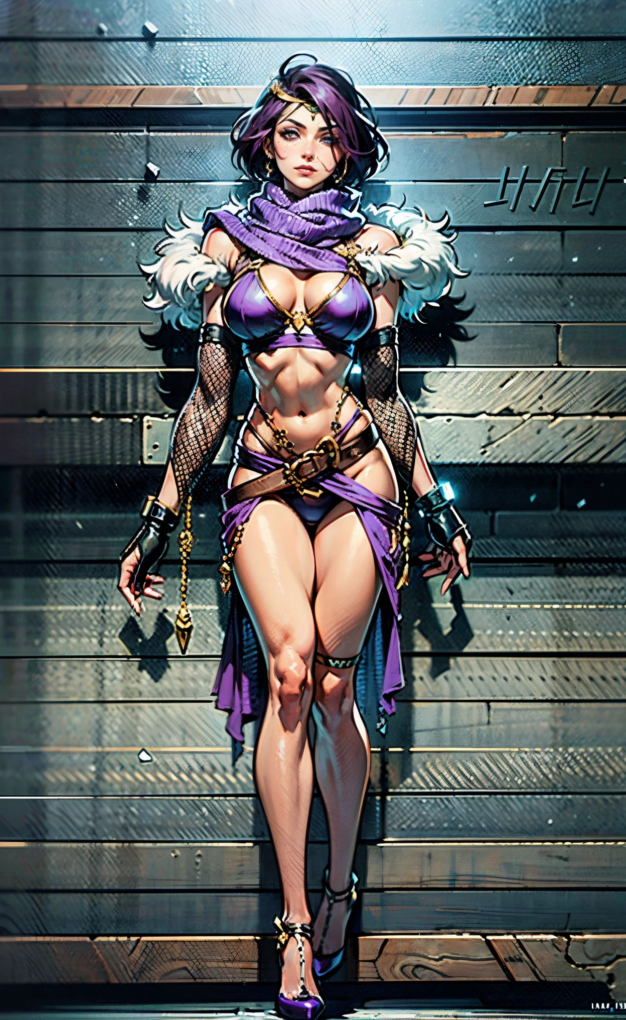 A beautiful woman, short purple hair, long bangs covering her left eye, a headband on her forehead, an exquisite and charming face, a mysterious gaze, a faint smile, draped over her shoulders is a thick fur scarf connected to sleeves made of the same fur, a fantasy-style bikini outfit, showcases her delicate and alluring figure, a fur belt around her waist, the background features a cracked giant stone in the wilderness emitting an eerie glow, this character embodies a finely crafted fantasy-style female villain in anime style, exquisite and mature manga art style, perfect body, perfect nose, goddess, femminine, high definition, best quality, highres, ultra-detailed, ultra-fine painting, extremely delicate, professional, anatomically correct, symmetrical face, extremely detailed eyes and face, high quality eyes, creativity, RAW photo, UHD, 8k, Natural light, cinematic lighting, masterpiece-anatomy-perfect, masterpiece:1.5