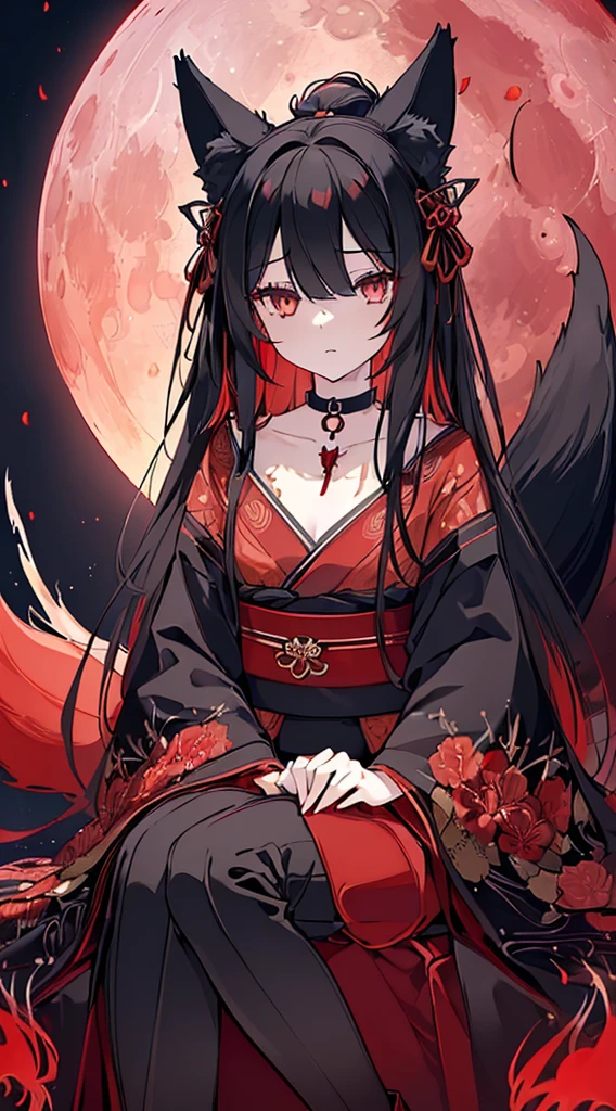 (extremely detailed CG unity 8k wallpaper), (((ultra-detailed))), ((extremely detailed)), (((best illustration))), best illumination, ((extremely delicate and beautiful)), ((an extremely delicate and beautiful fox girl)), colorful, modern city, (((red moon))), red particles, ((1 girl, solo:1.9)), {{finely detailed beautiful eyes and detailed face}}, expressionless, extra long hair, (((deep black hair))), (red empty eyes:1.5), beautiful detailed eyes, mature female, slender, medium breast, (black and red two coloured fox ears:1.5), (black and red two coloured fox tail:1.5), (((intricate details))), (Black and red knee-length kimono dress), medium height black boots, ((black choker with red pendent)), red spider lily mark on neck, sitting, bishoujo, full-bodied
