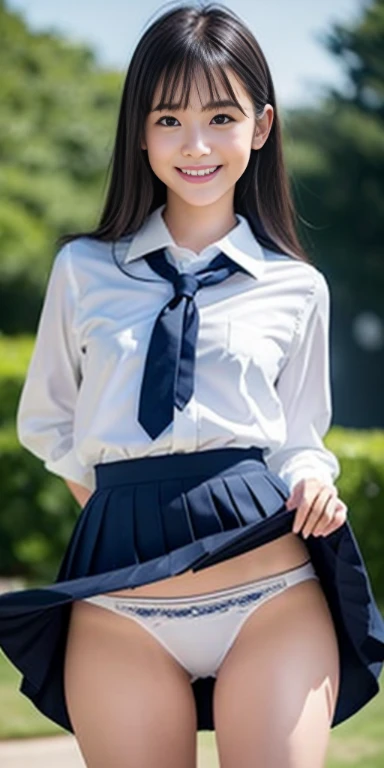 neat college girl、petite person、Outside the field、(Slimed、small tit、flat boobs、small tit)、Photorealsitic、detaileds, Skin Texture, ultra-detailliert、Delicate and sexy collarbone、A smile、Super Detailed Face、Detailed lips、A detailed eye、二重まぶた、White panties are visible from the skirt、sexy pose、((is standing、Schoolgirl Uniform、White panties are visible from the skirt、Sheer white shirt、Navy blue ribbon at the collar、Dark blue pleated micro mini、slightly lift the hem of the skirt with both hands,,,,))、NSFW、Show your、Pants down