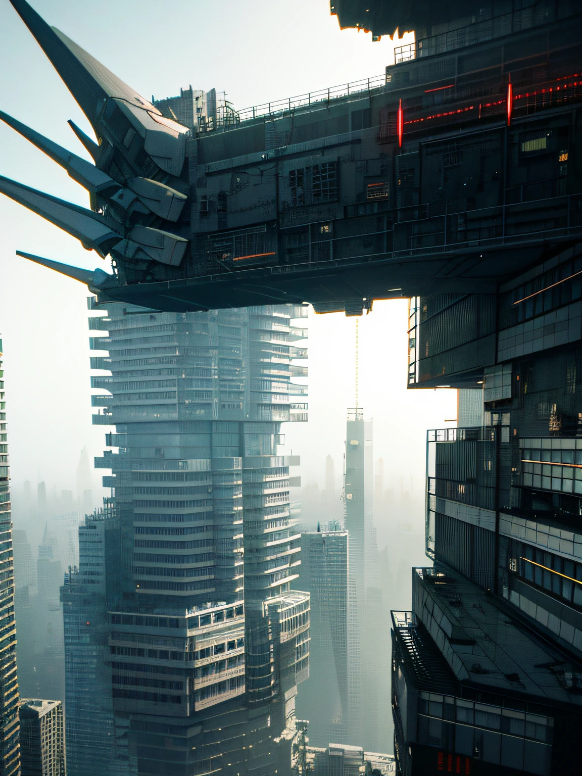 (Best Quality,8K,Ultra HD:1.2), biopunk anime, dark biopunk buildings, gray towers in biopunk style, Fantasy, ..3d, white dragons in biopunk style in the background, landscape