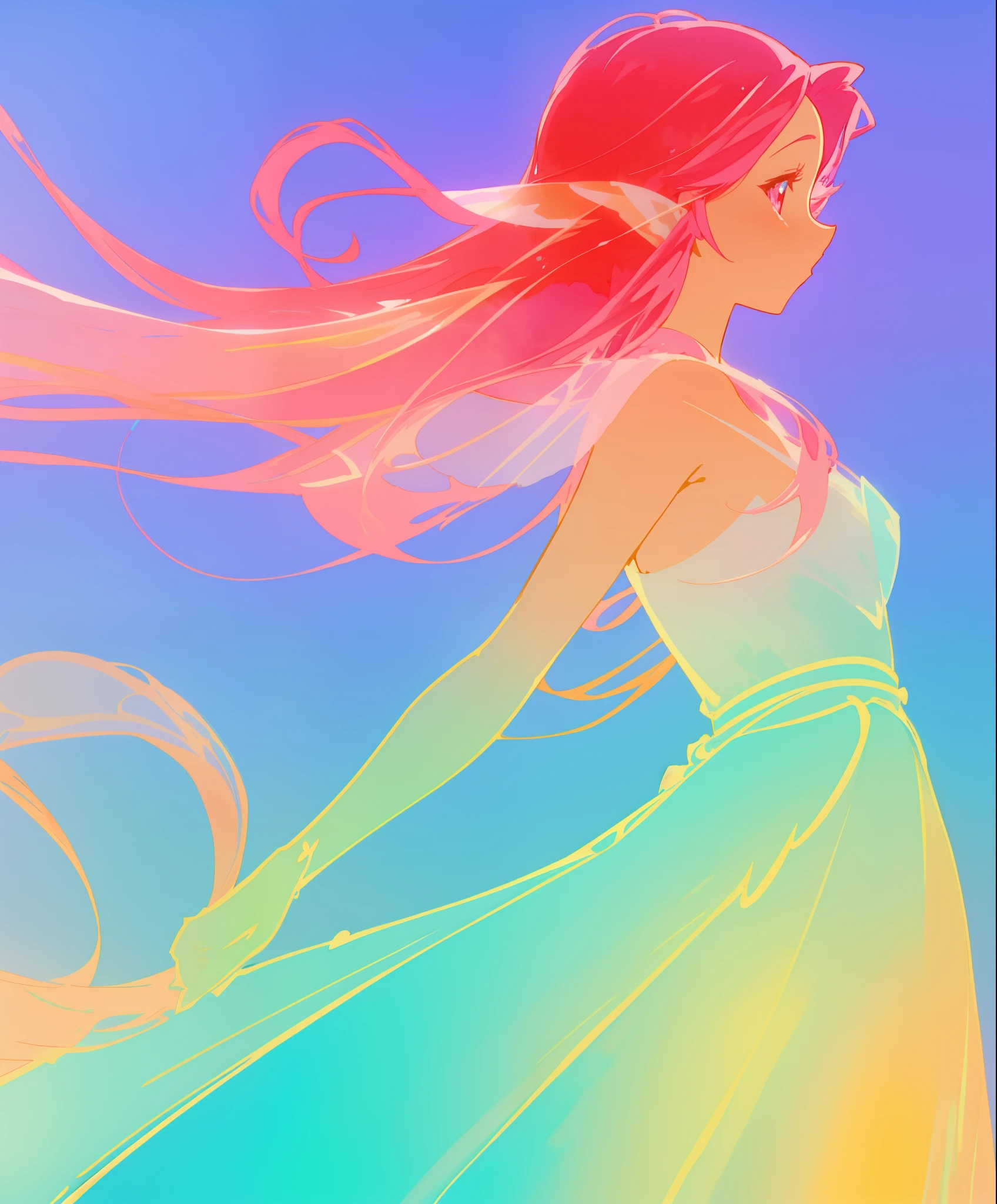 beautiful fairy girl in colorful gradient princess ballgown, fairy wings, fairy princess, long flowing red pink hair, colorful fantasia background, watercolor illustration, disney art style, beautiful digital illustration, beautiful, masterpiece, best quality, anime disney style, beautiful face