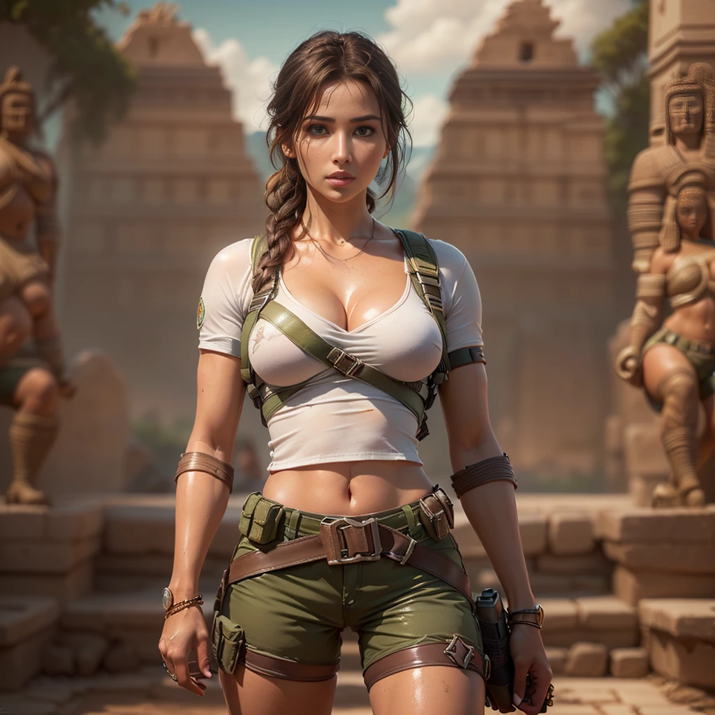 8K ultra-realistic, highly detailed artwork , depicting a stunningly beautiful and alluring young Lara Croft in her signature attire, huge natural breast and a perfect body , exuding a sexy appeal within a Maya artifact scene. Ensure intricate skin details, HDR lighting, and ray tracing effects, striving for an art piece reminiscent of a renowned artist's style, aiming for maximum visual allure and lifelike realism, hourglass body shape