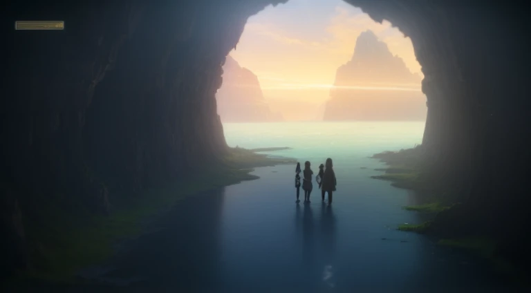 Anime scene of two people walking through a cave admiring the sea, Ruins Explorer at Dusk, anime scene, Today’s recommended anime is still, anime opening, All in a huge cave, beautiful anime scenes, Opening scene, in the anime film, Screenshot of the animated movie, anime movie screenshot, animation still frame, Popular isekai anime