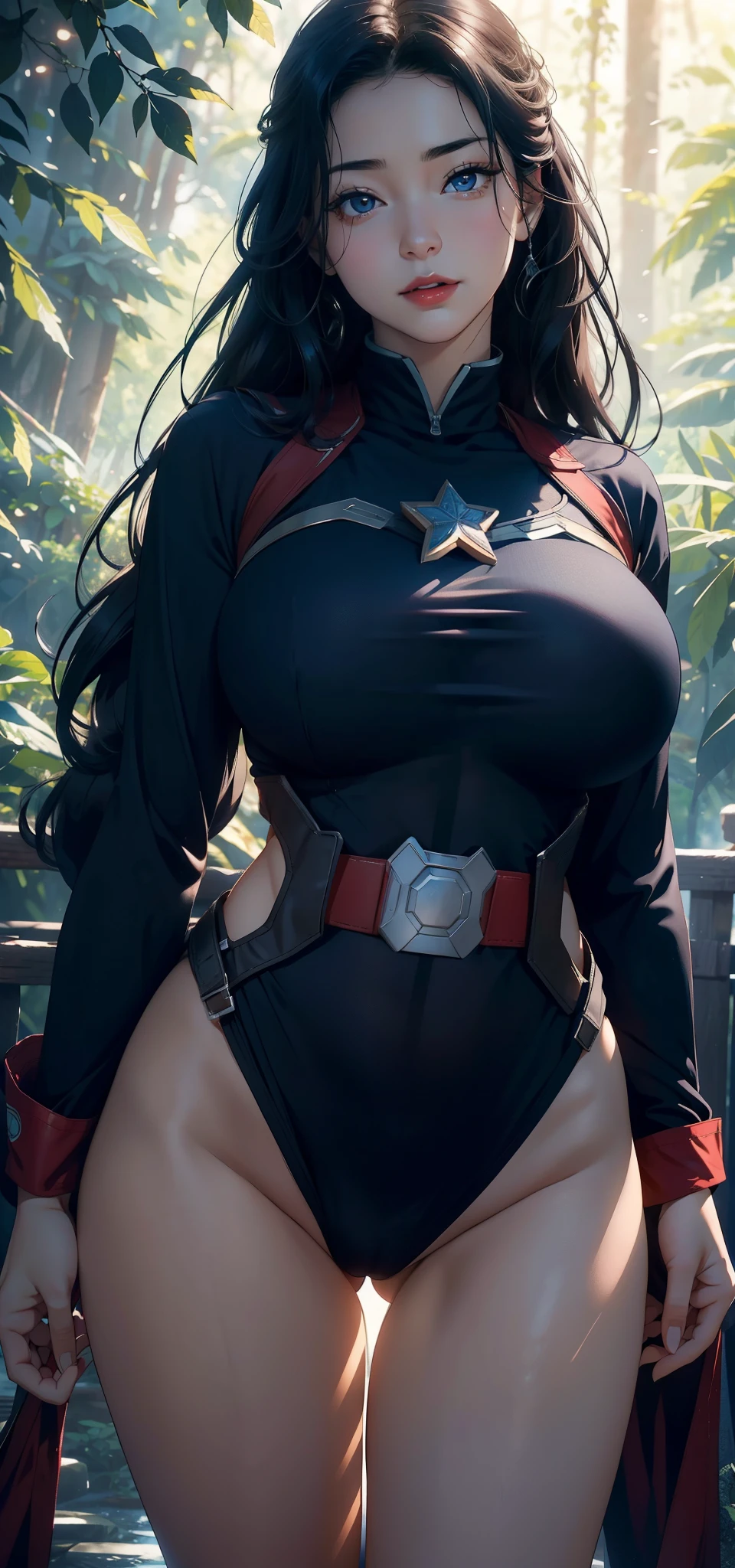 1female,45 yers old,Married woman,熟妇,Large breasts,long leges,big chest and thin waist, photo exposure, 独奏,(Background with:at a forest,the rainforest,in summer) She has long black hair,Redlip,Stood up,seen from the front, curlies, The sky is mostly cloudy,(((tmasterpiece),(Very detailed CG unified 8k wallpaper),Best quality at best,电影灯光,detailed back ground,beautidful eyes,Bright pupils,(very delicate beautiful),(Beautiful and detailed eye descriptions),ultra - detailed,tmasterpiece,)),facing at the camera,A high resolution,ultra - detailed),revealing breasts,Bare genitals, convex,Camel toes,Raised sexy,captain america(dressed in:blue and red captain america uniform,lace panty,nakeness,badges)