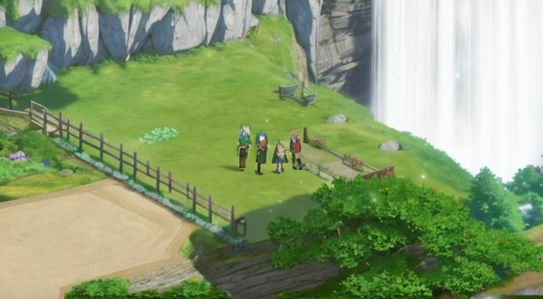 Anime scene of a group of people standing in front of a waterfall, Today’s recommended anime is still, anime scene, anime movie screenshot, RPG scenario, rune factory 5, Sao style anime, boromir in an anime world, Rune Factory 5 art style, cutscene clips, beautiful anime scenes, As estrelas, Screenshot of the animated movie, video game screenshot>