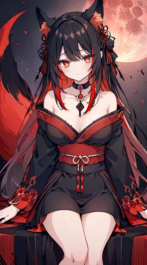 (extremely detailed CG unity 8k wallpaper), (((ultra-detailed))), ((extremely detailed)), (((best illustration))), best illumination, ((extremely delicate and beautiful)), ((an extremely delicate and beautiful fox girl)), colorful, modern city, (((red moon))), red particles, ((1 girl, solo:1.9)), {{finely detailed beautiful eyes and detailed face}}, expressionless, extra long hair, (((deep black hair))), (red empty eyes:1.5), beautiful detailed eyes, mature female, slender, big breast, (black and red two coloured fox ears:1.5), (black and red two coloured fox tail:1.5), (((intricate details))), (Black and red knee-length sexy kimono dress), medium height black boots, ((black choker with red pendent)), red spider lily mark on neck, sitting, bishoujo, full-bodied