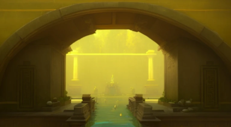 There is a tunnel，There is a bridge leading to the pool, Temple flooded scene, 《Kola Legend》Set, Flooded temple ritual scene, Underwater temple dance scene, A pool in a huge palace, water temple, Mysterious temple setting, Close-up of magical water gate, sewer background, there are archways, egyptian environment, Opening scene, Karl Spitzweg. unreal-engine