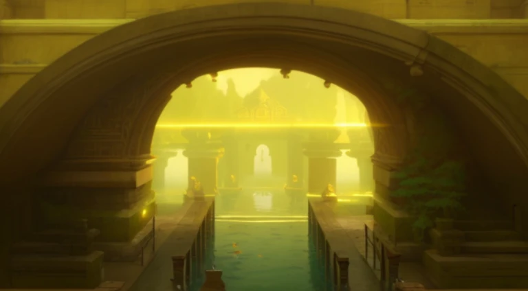There is a tunnel，There is a bridge leading to the pool, Temple flooded scene, 《Kola Legend》Set, Flooded temple ritual scene, Underwater temple dance scene, A pool in a huge palace, water temple, Mysterious temple setting, Close-up of magical water gate, sewer background, there are archways, egyptian environment, Opening scene, Karl Spitzweg. unreal-engine