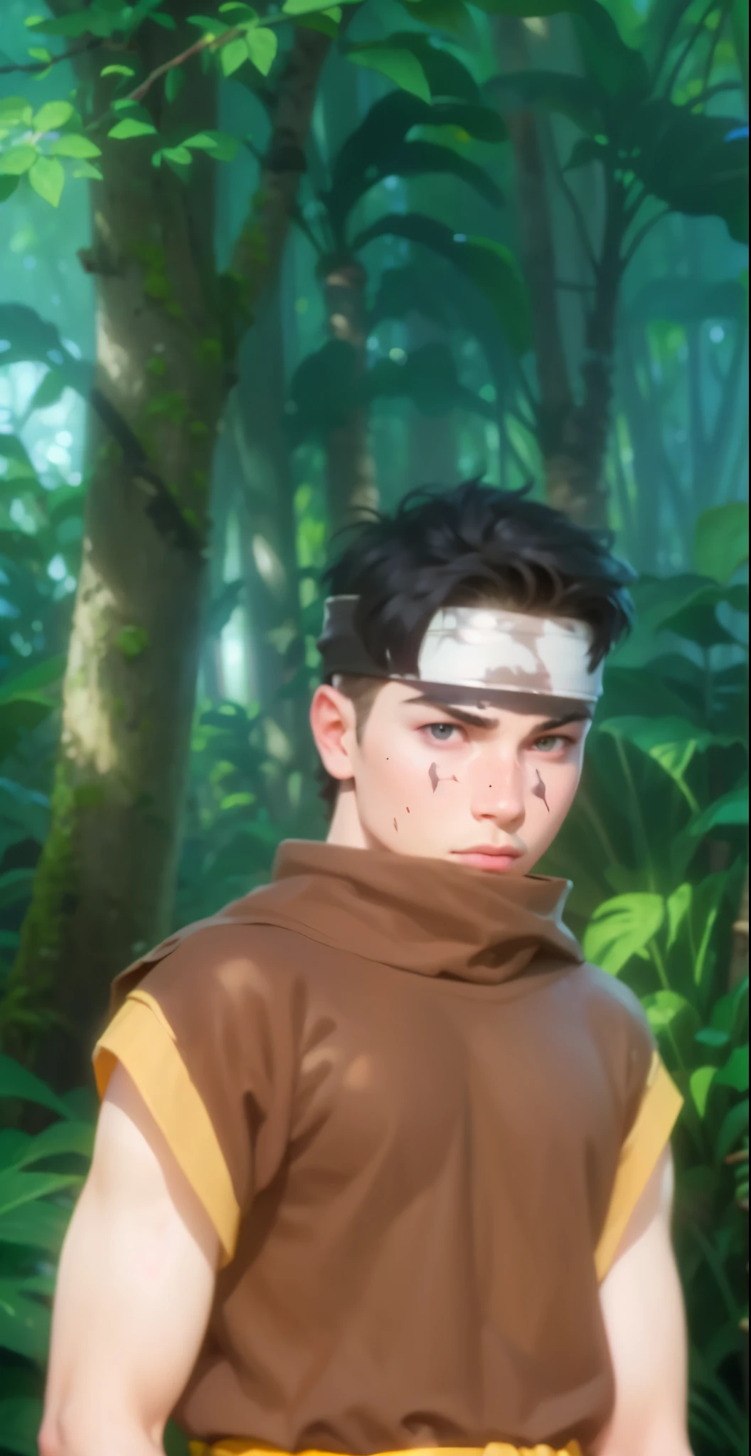 Real life adaption of this character , teen handsome boy, same hair, There was plaster on his nose ,realistic same headband,(realistic same outfit),realistic jungle background , realistic light, realistic shadow, realism, hyper realistic,(photorealistic:1.2), normal small eyes