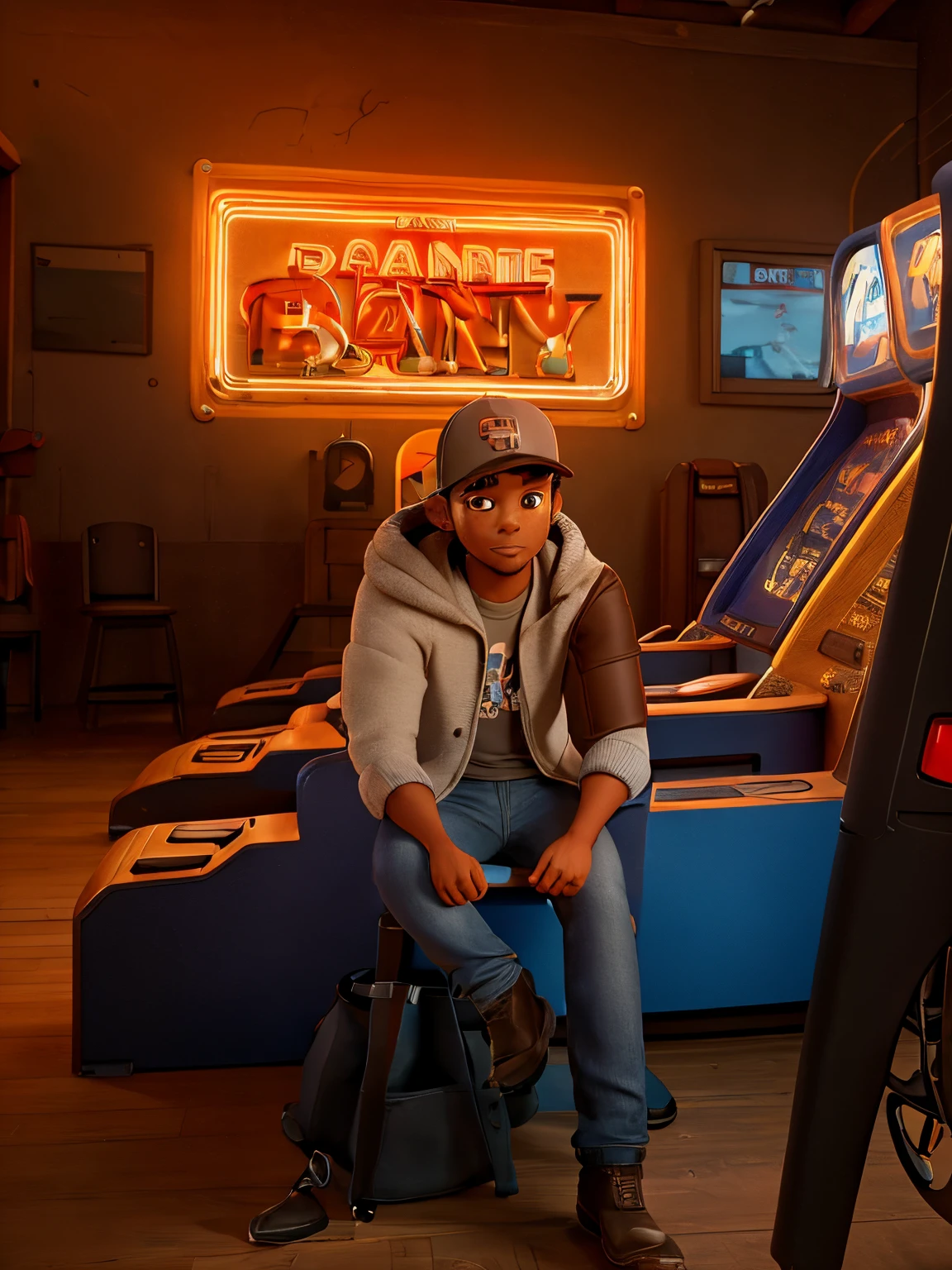 Man with short dark brown extended goatee, brown eyes, wearing backwards baseball hat, a grey athletic pullover, jeans, cowboy boots and black watch. Woman with long dark brown hair, hazel eyes, wearing a coral colored cropped sweater, and bell bottom jeans. Woman is sitting next to man with her legs crossed. Man and woman is sitting on the side of a skeeball arcade game. Best friends. Happy. 8k photography. Disney Pixar